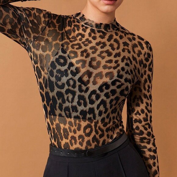 Brown Casual Women's Leopard Print Mesh Top - Picture 8 of 10